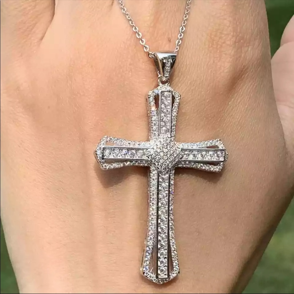 New Men Women 925 Silver Cross Diamond Necklace - Picture 1 of 7